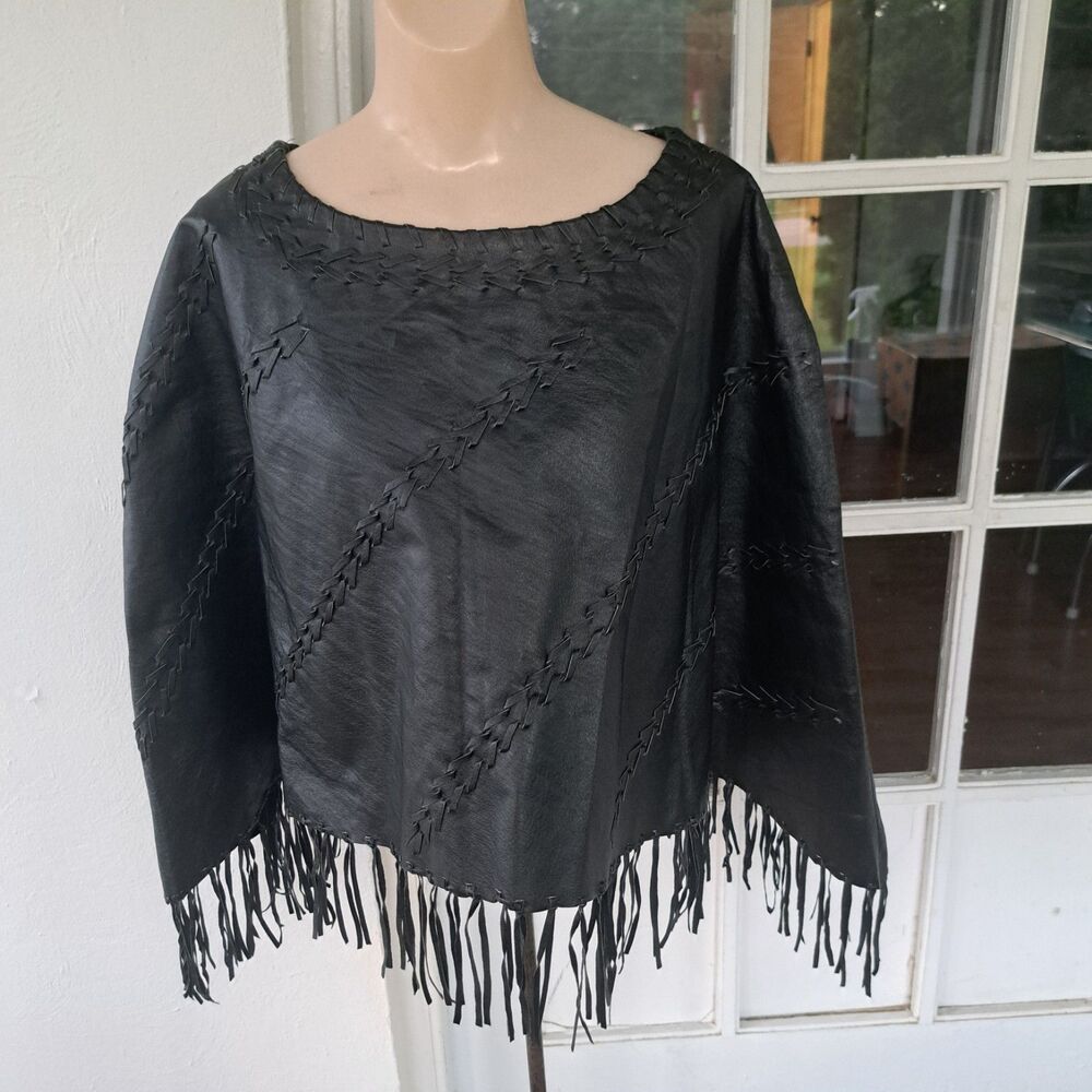 Vintage Newport News 100% Leather Fringe Braided Poncho Black 90s Western XL Top